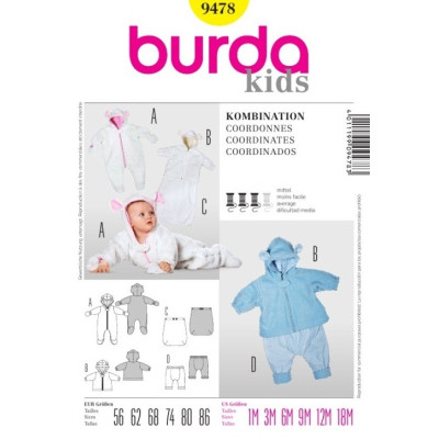 Střih Burda číslo 9478 dětská kombinéza, bunda s kapucí, kalhoty, zateplovací návlek