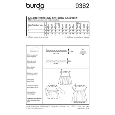 Střih Burda číslo 9362 dětská halenka, nabírané šaty