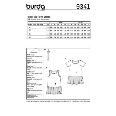 Střih Burda číslo 9341 dětské tričkové šaty, tílkové šaty