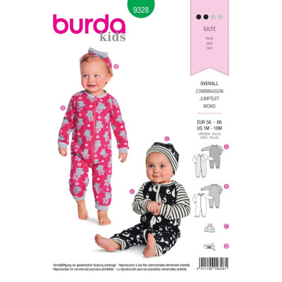 Střih Burda číslo 9328 dětský overal na zip, čepice, čelenka