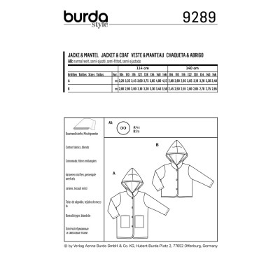 Střih Burda číslo 9289 dětský kabát s kapucí