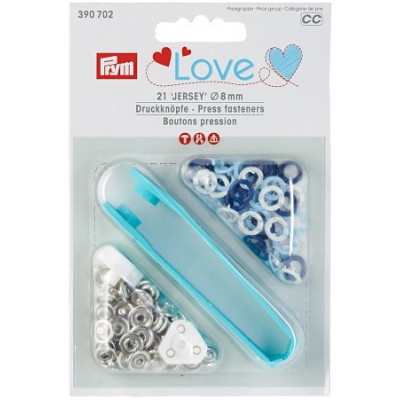 Knoflíky stiskací JERSEY kroužky 8 mm (21 ks) + narážeč PRYM Love
