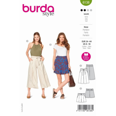 Střih Burda číslo 6138 culottes, šortky s vysokým pasem
