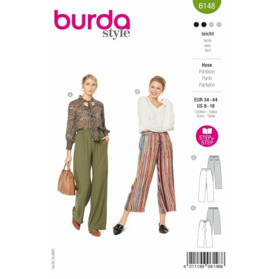 Střih Burda číslo 6148 volné kalhoty s gumou v pase, lněné kalhoty