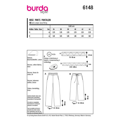 Střih Burda číslo 6148 volné kalhoty s gumou v pase, lněné kalhoty
