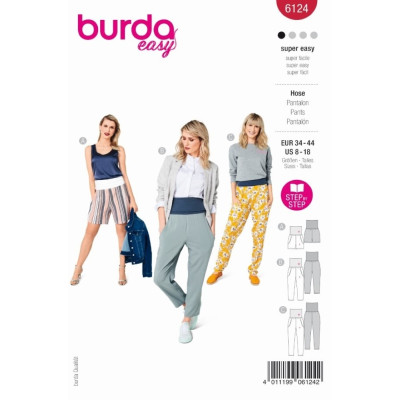 Střih Burda číslo 6124 pohodlné kalhoty se širokým nápletem, kalhoty na jógu