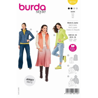 Střih Burda číslo 6114 vesta, fleecová mikina, bunda s kapucí