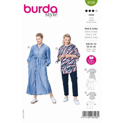 Střih Burda číslo 6108 košilové šaty, košile bez límečku pro plnoštíhlé