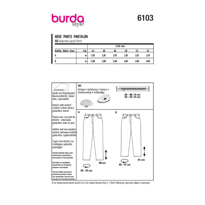 Střih Burda číslo 6103 džínové kalhoty, 7/8 kalhoty pro plnoštíhlé