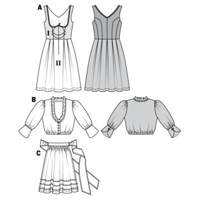 Střih Burda číslo 7443 krojové šaty, krojová zástěrka, krojová halenka