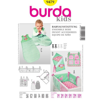 Střih Burda číslo 9479 polstrování do postýlky, kapsář, spací pytel, zavinovačka