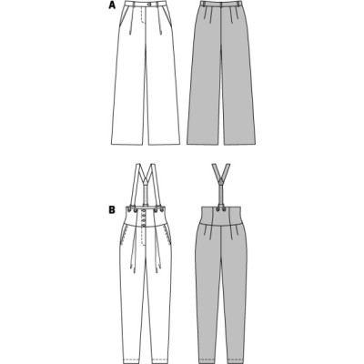 Střih Burda číslo 6856 široké kalhoty Marlene, kalhoty s vysokým pasem, kalhoty s kšandami