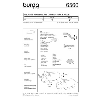 Střih Burda číslo 6560 plyšový nosorožec, hroch