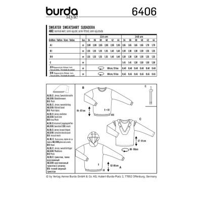 Střih Burda číslo 6406 mikina, mikina s kapucí