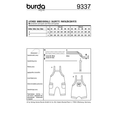 Střih Burda číslo 9337 dětské laclové kalhoty, lacláče
