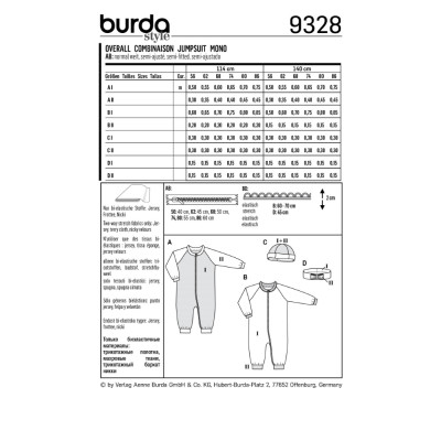 Střih Burda číslo 9328 dětský overal na zip, čepice, čelenka