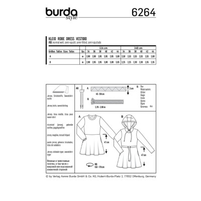 Střih Burda číslo 6264 žerzejové šaty, mikinové šaty, mini šaty