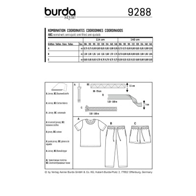 Střih Burda číslo 9288 dětské tričko, kalhoty s gumou v pase, šortky