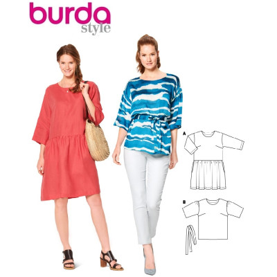 Střih Burda 6139, návod k šití: tunikové šaty, lněné šaty, tunika s páskem