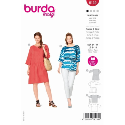 Střih Burda 6139, návod k šití: tunikové šaty, lněné šaty, tunika s páskem