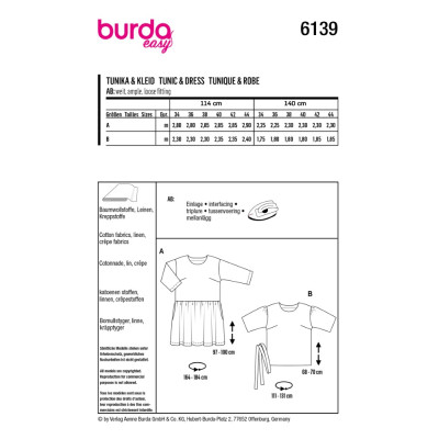 Střih Burda 6139, návod k šití: tunikové šaty, lněné šaty, tunika s páskem