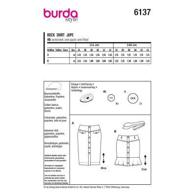 Střih Burda 6137, návod na šití: úzká sukně s knoflíkovou légou, džínová sukně