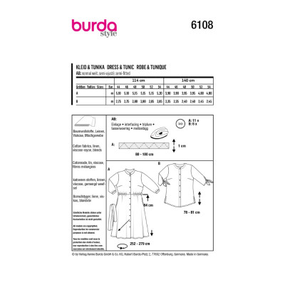 Střih Burda číslo 6108 košilové šaty, košile bez límečku pro plnoštíhlé