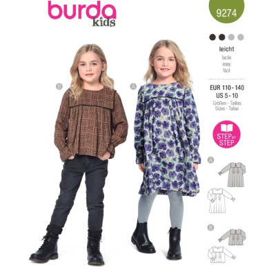 Střih Burda 9274, návod k šití: dětská halenka, halenkové šaty