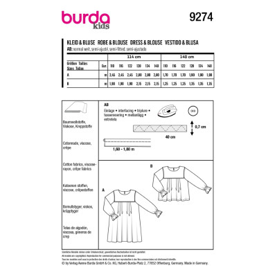 Střih Burda 9274, návod k šití: dětská halenka, halenkové šaty