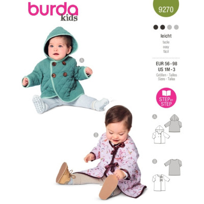 Střih Burda 9270, návod k šití: dětský kabát s kapucí, kabát se zavazováním