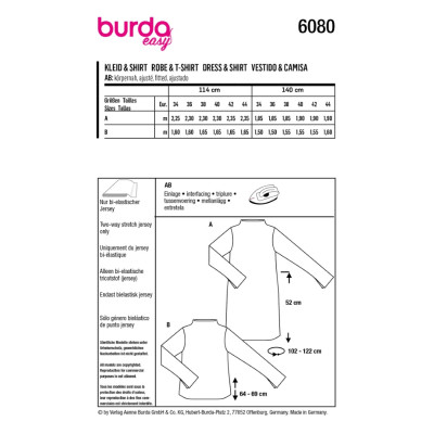 Střih Burda 6080, návod k šití: tričko, rolák, rolákové šaty s dlouhým rukávem