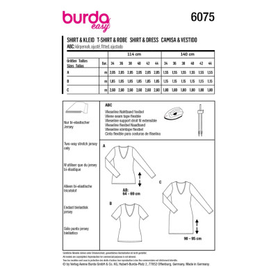 Střih Burda 6075, návod k šití: tričko, tričkové šaty