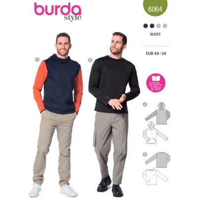 Střih Burda 6064, návod k šití: pánské tričko s dlouhým rukávem, mikina s kapucí