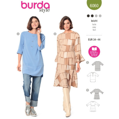 Střih Burda 6060, návod k šití: tunika, šaty s volány