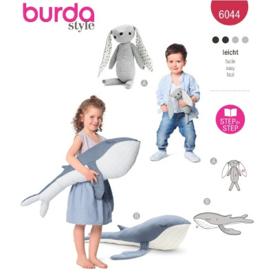 Střih Burda 6044, návod k šití: králíček, velryba, hračky, dekorace pro děti