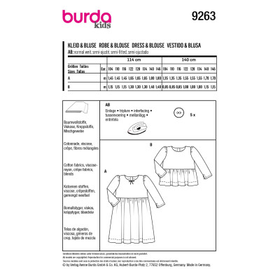 Střih Burda 9263, návod k šití: dívčí nabírané šaty a halenka