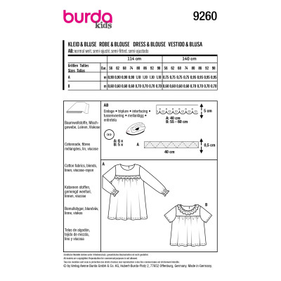 Střih Burda 9260, návod k šití: dívčí nabírané šaty a halenka