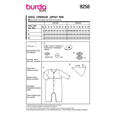 Střih Burda 9258, návod k šití: overal se zapínáním na patentky na nohavicích