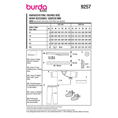 Střih Burda 9257, návod k šití: zavinovací tričko, tepláčky, čelenka a capáčky