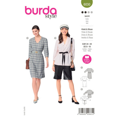 Střih Burda 6030, návod k šití: šaty s gumou v pase, halenka