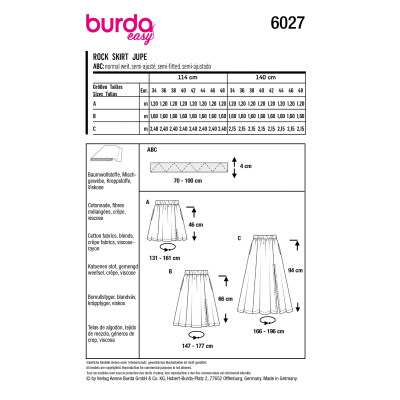 Střih Burda 6027, návod k šití: sukně s gumou v pase, dlouhá sukně