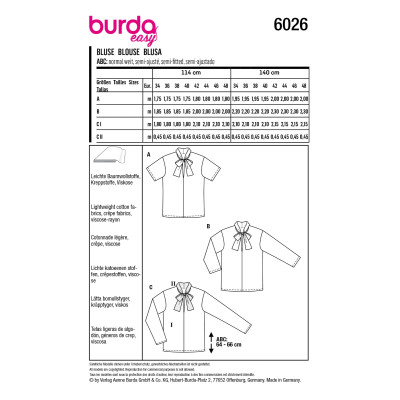 Střih Burda 6026, návod k šití: halenka s vázačkou