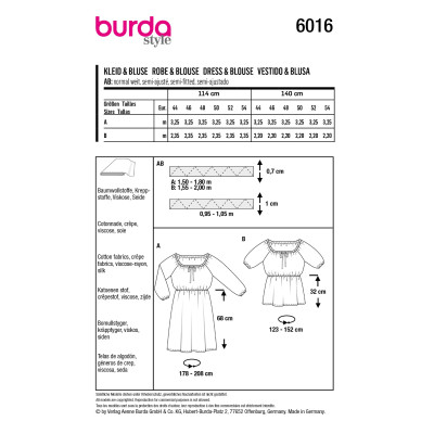 Střih Burda 6016, návod k šití: halenkové šaty s gumou v pase, halenka