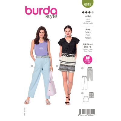Střih Burda 6015, návod k šití: džíny "mrkváče", džínové šortky