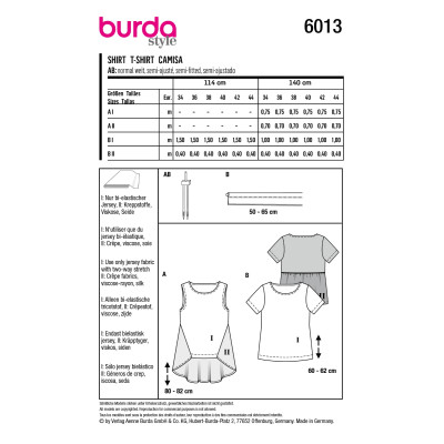 Střih Burda 6013, návod k šití: volné tričko, top s delším zadním dílem