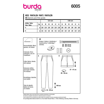 Střih Burda 6005, návod k šití: cigaretové kalhoty, šortky