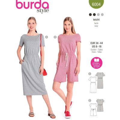 Střih Burda 6004, návod k šití: tričkové šaty s gumou v pase, overal