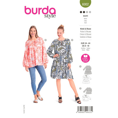 Střih Burda 6002, návod k šití: halenkové šaty, halenka