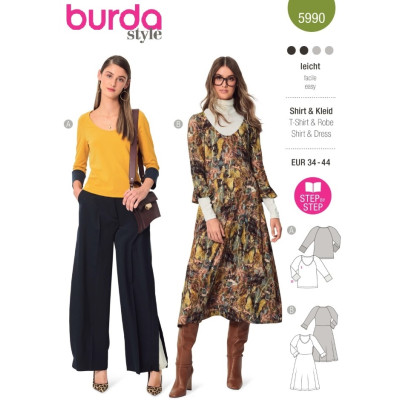 Střih Burda 5990, návod k šití: tričko, tričkové šaty, žerzejové šaty