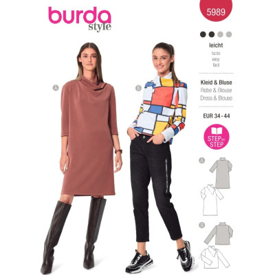 Střih Burda 5989, návod k šití: tričko, šaty s rolákovým límcem, rolák